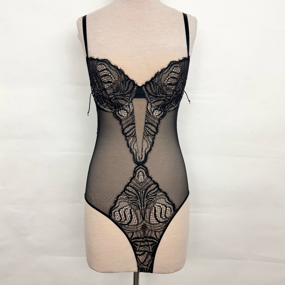 Victoria's Secret Black Sheer Lace Chemise Bodysuit Valentines Day Boudoir 36C